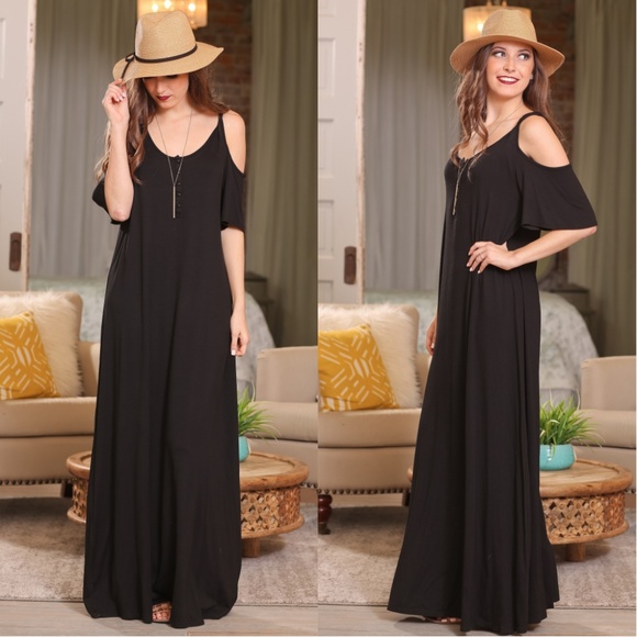 LAST ONE! Black Cold Shoulder Ruffle Maxi Dress - Picture 2 of 5